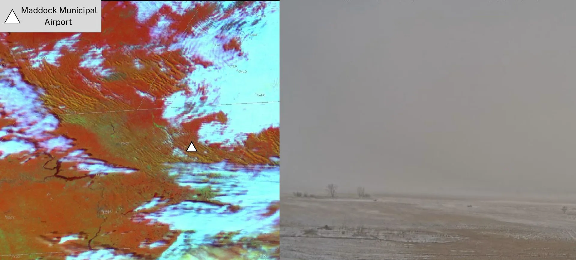 NOAA satellite imagery beside an FAA webcam view of blowing snow near Maddock, North Dakota